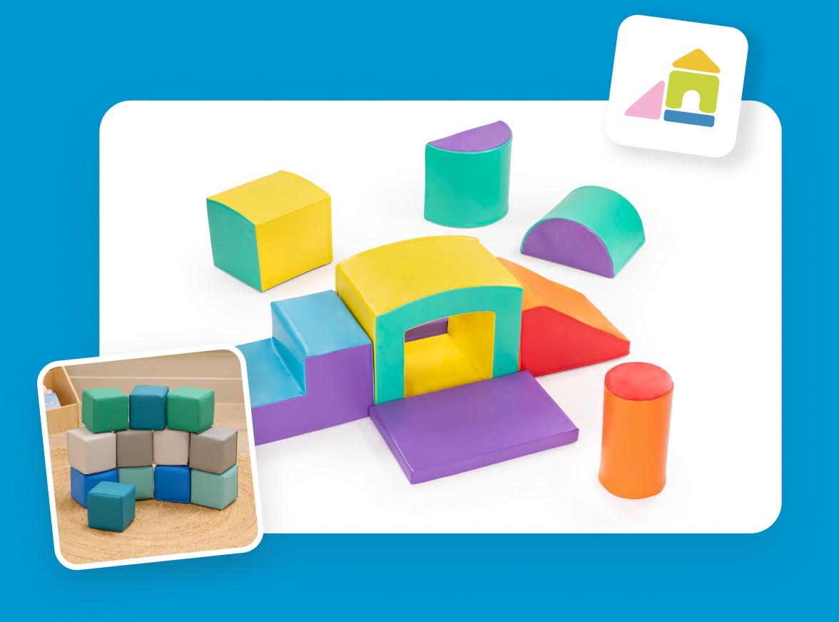 Foam blocks, ramps and low soft shapes in a padded play corner