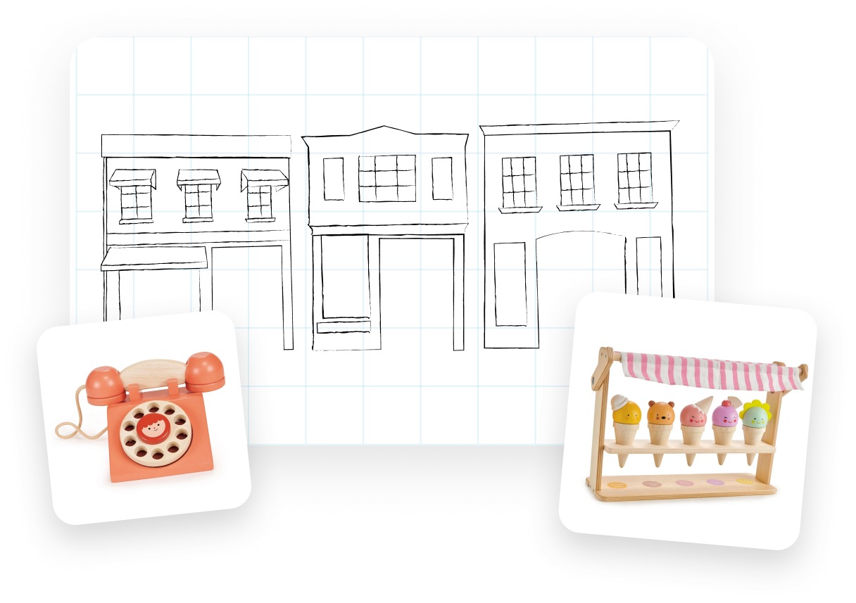 Three hand-built storefronts at kid scale: a cafe, a market and a flower shop