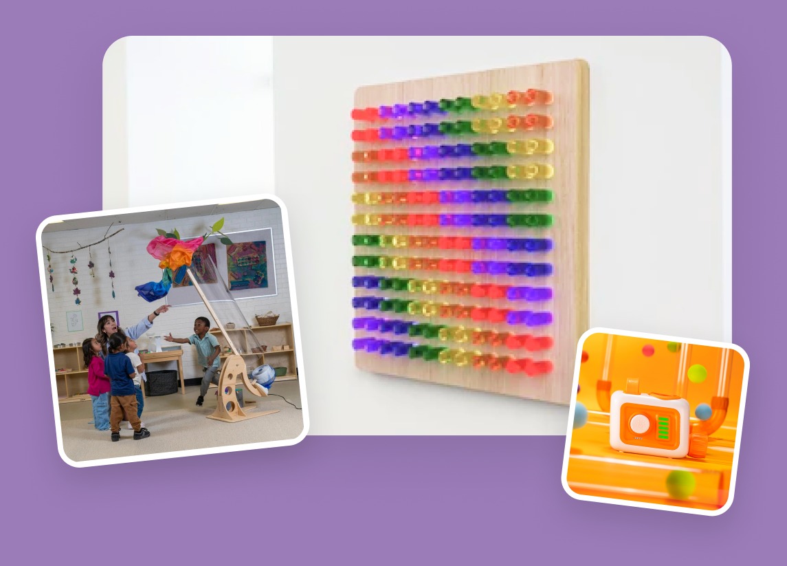 A sensory wall with gears, a ball run, mirrors and a clear wind tunnel